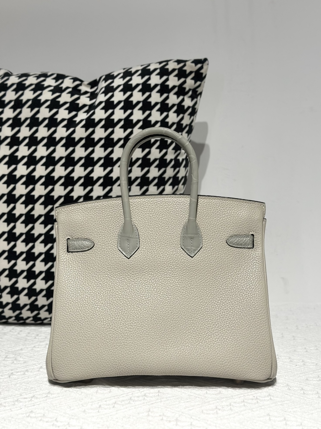 Crocodile Leather Pearl Gray 25cm Matte Mixed Leather Gold Hardware Top Handle Tote Bag WCB189 photo 3