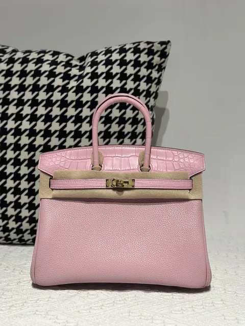 Crocodile Leather Sakura Pink 25cm Matte Mixed Leather Gold Hardware Top Handle Tote Bag WCB191