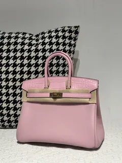 Crocodile Leather Sakura Pink 25cm Matte Mixed Leather Gold Hardware Top Handle Tote Bag WCB191 image 2