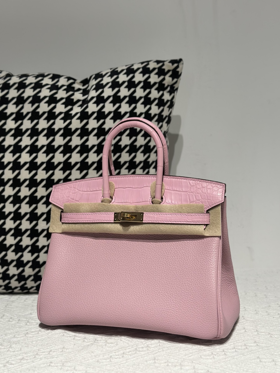 Crocodile Leather Sakura Pink 25cm Matte Mixed Leather Gold Hardware Top Handle Tote Bag WCB191 photo 2