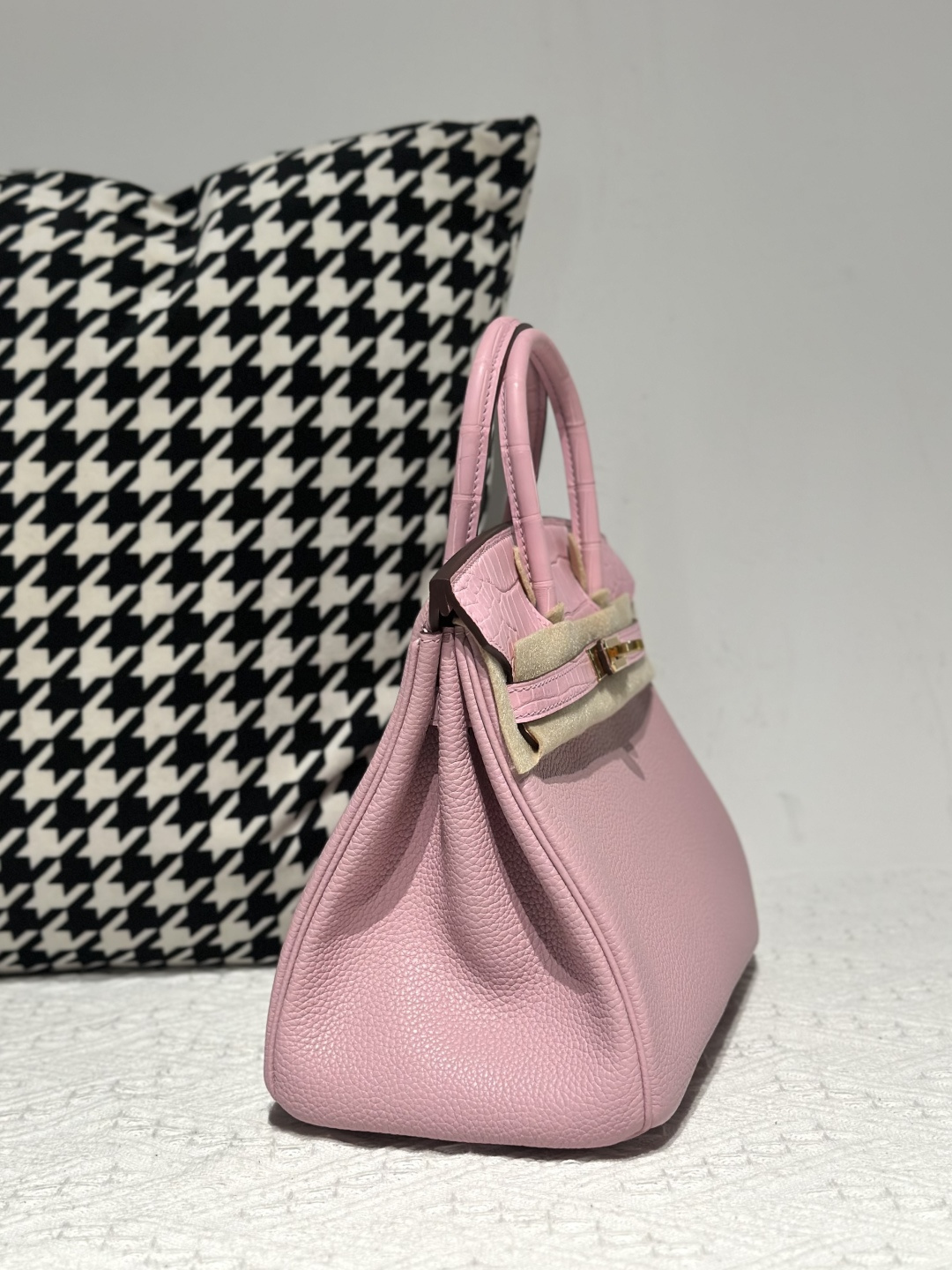 Crocodile Leather Sakura Pink 25cm Matte Mixed Leather Gold Hardware Top Handle Tote Bag WCB191 photo 5