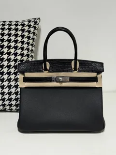 Crocodile Leather Black 30cm Matte Mixed Leather Silver Hardware Top Handle Tote Bag WCB198 image 1