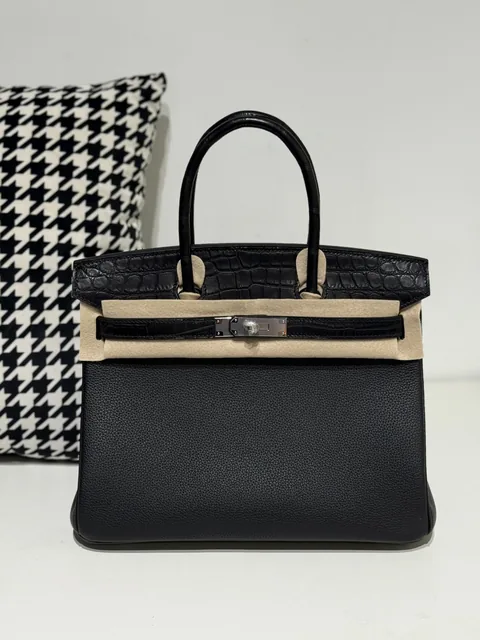 Crocodile Leather Black 30cm Matte Mixed Leather Silver Hardware Top Handle Tote Bag WCB198