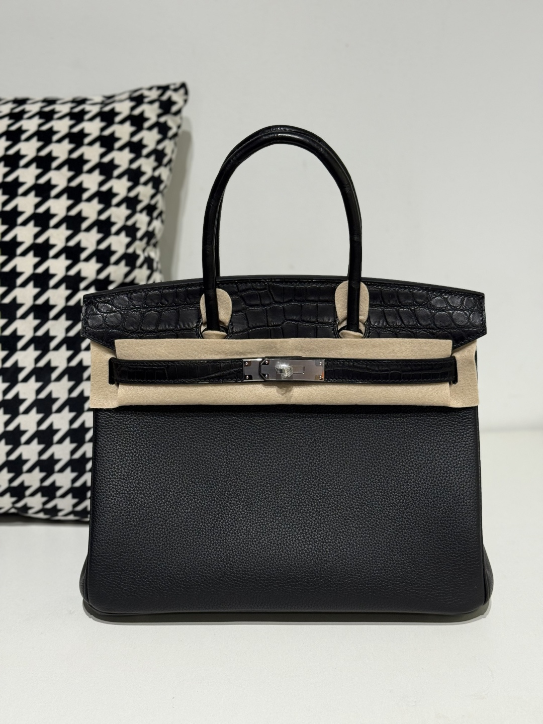 Crocodile Leather Black 30cm Matte Mixed Leather Silver Hardware Top Handle Tote Bag WCB198
