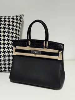 Crocodile Leather Black 30cm Matte Mixed Leather Silver Hardware Top Handle Tote Bag WCB198 image 2