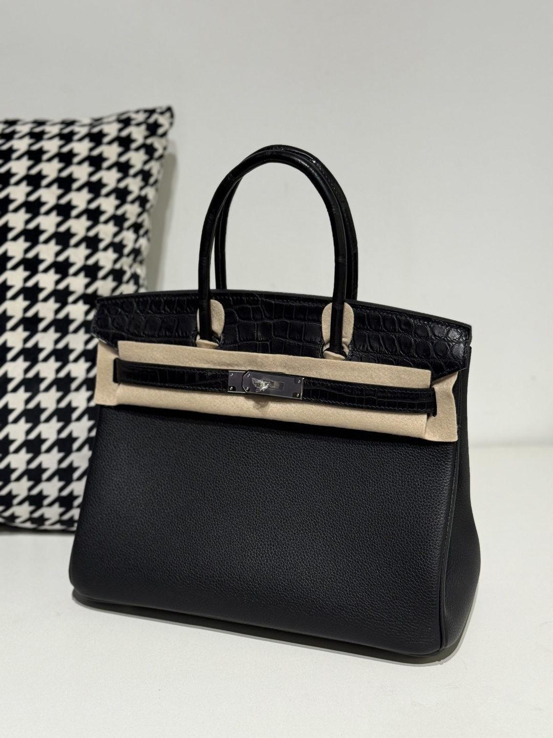Crocodile Leather Black 30cm Matte Mixed Leather Silver Hardware Top Handle Tote Bag WCB198 photo 2