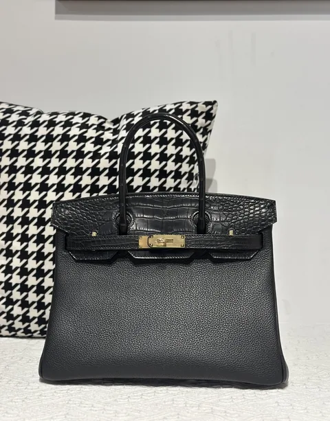 Crocodile Leather Black 30cm Matte Mixed Leather Gold Hardware Top Handle Tote Bag WCB199