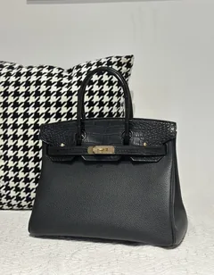 Crocodile Leather Black 30cm Matte Mixed Leather Gold Hardware Top Handle Tote Bag WCB199 image 2