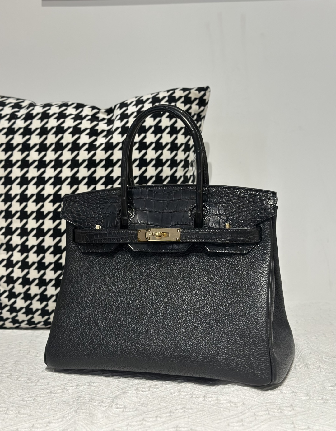 Crocodile Leather Black 30cm Matte Mixed Leather Gold Hardware Top Handle Tote Bag WCB199 photo 2