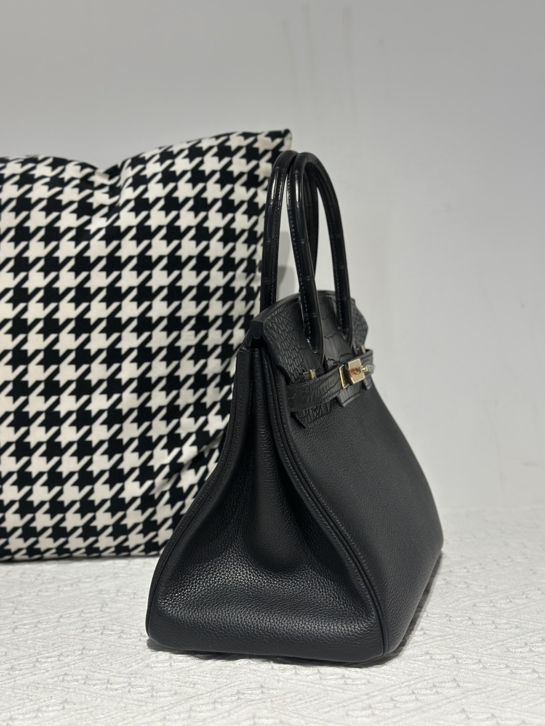 Crocodile Leather Black 30cm Matte Mixed Leather Gold Hardware Top Handle Tote Bag WCB199 photo 5