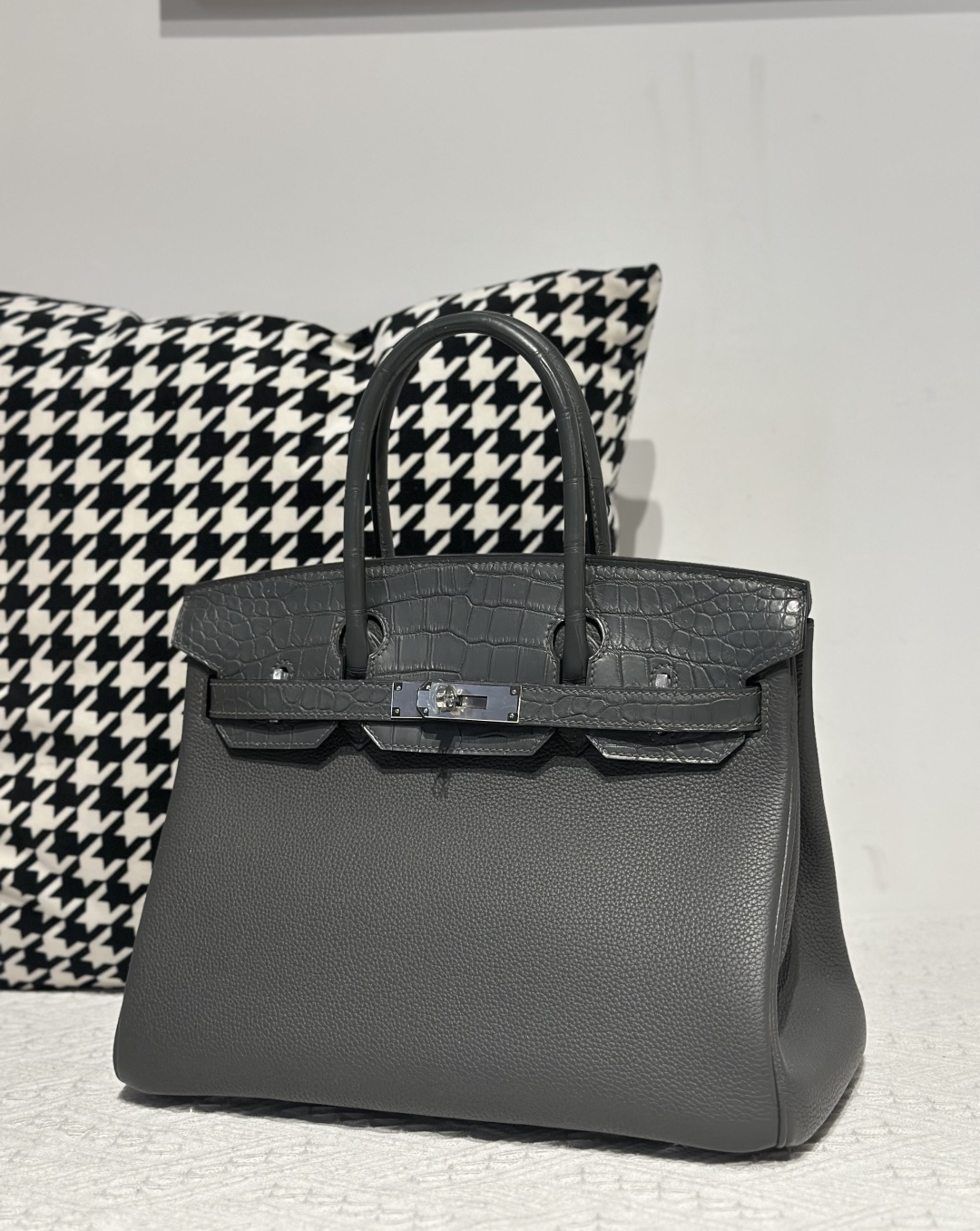 Crocodile Leather Graphite Gray 30cm Matte Silver Hardware Top Handle Tote Bag WCB200 image 2