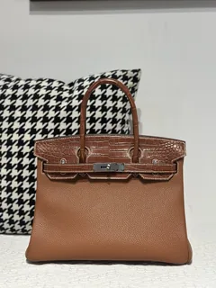 Crocodile Leather Saddle Brown 30cm Matte Silver Hardware Top Handle Tote Bag WCB201 image 1