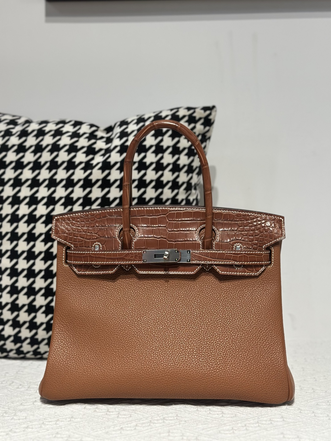 Crocodile Leather Saddle Brown 30cm Matte Silver Hardware Top Handle Tote Bag WCB201