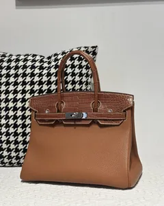 Crocodile Leather Saddle Brown 30cm Matte Silver Hardware Top Handle Tote Bag WCB201 image 2