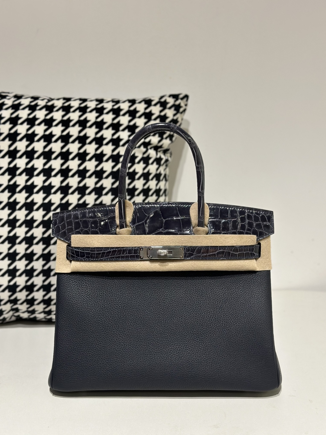 Crocodile Leather Storm Blue 30cm Glossy Silver Hardware Top Handle Tote Bag WCB204