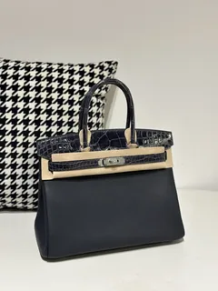 Crocodile Leather Storm Blue 30cm Glossy Silver Hardware Top Handle Tote Bag WCB204 image 2