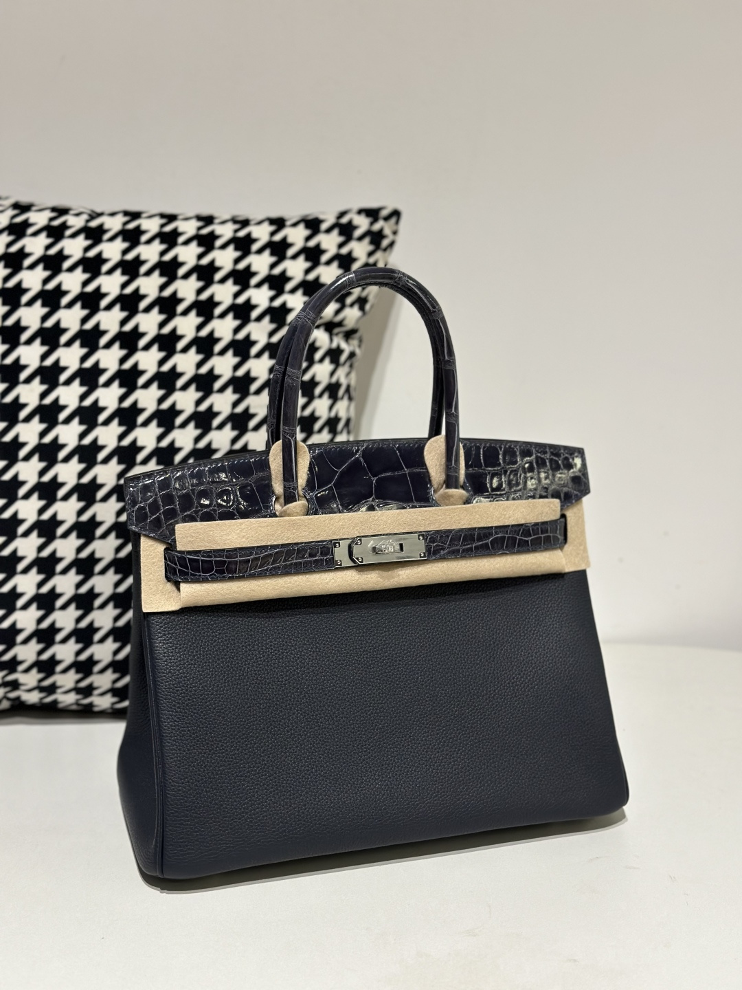 Crocodile Leather Storm Blue 30cm Glossy Silver Hardware Top Handle Tote Bag WCB204 image 2