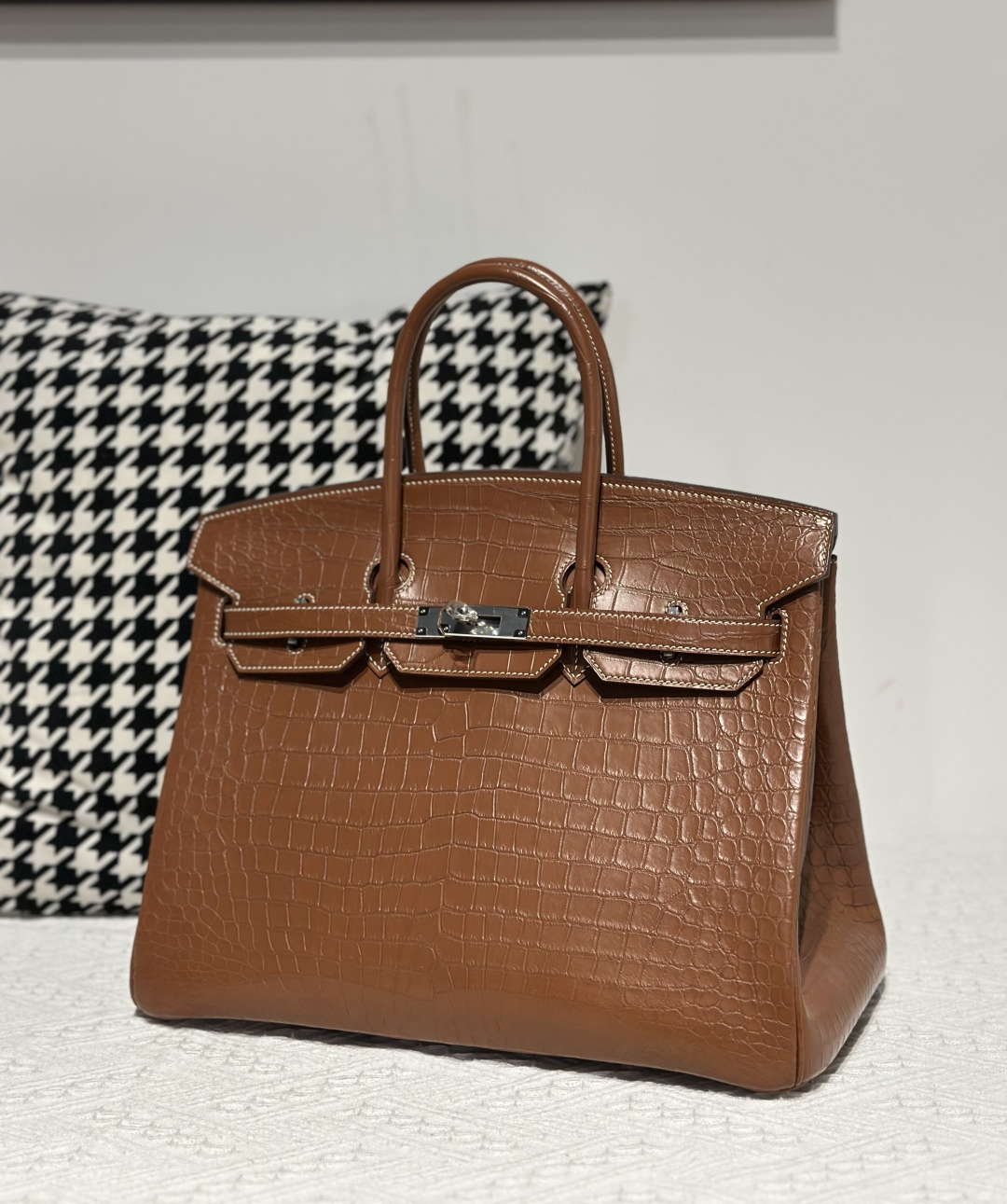 Crocodile Leather Saddle Brown 35cm Matte Silver Hardware Top Handle Tote Bag WCB206