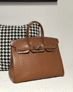 Crocodile Leather Saddle Brown 35cm Matte Silver Hardware Top Handle Tote Bag WCB206 image 2