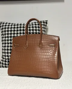Crocodile Leather Saddle Brown 35cm Matte Silver Hardware Top Handle Tote Bag WCB206 image 3
