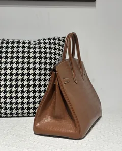 Crocodile Leather Saddle Brown 35cm Matte Silver Hardware Top Handle Tote Bag WCB206 image 4