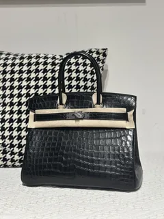 Crocodile Leather Black 30cm Matte Silver Hardware Top Handle Tote Bag WCB210 image 1