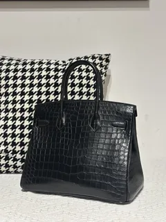 Crocodile Leather Black 30cm Matte Silver Hardware Top Handle Tote Bag WCB210 image 3