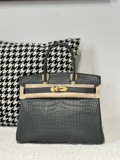 Crocodile Leather Graphite Gray 30cm Matte Gold Hardware Top Handle Tote Bag WCB211 image 1