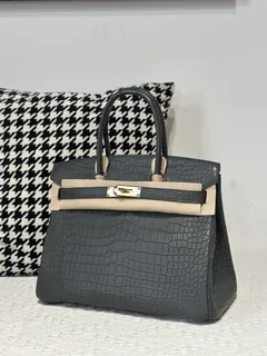 Crocodile Leather Graphite Gray 30cm Matte Gold Hardware Top Handle Tote Bag WCB211 image 2
