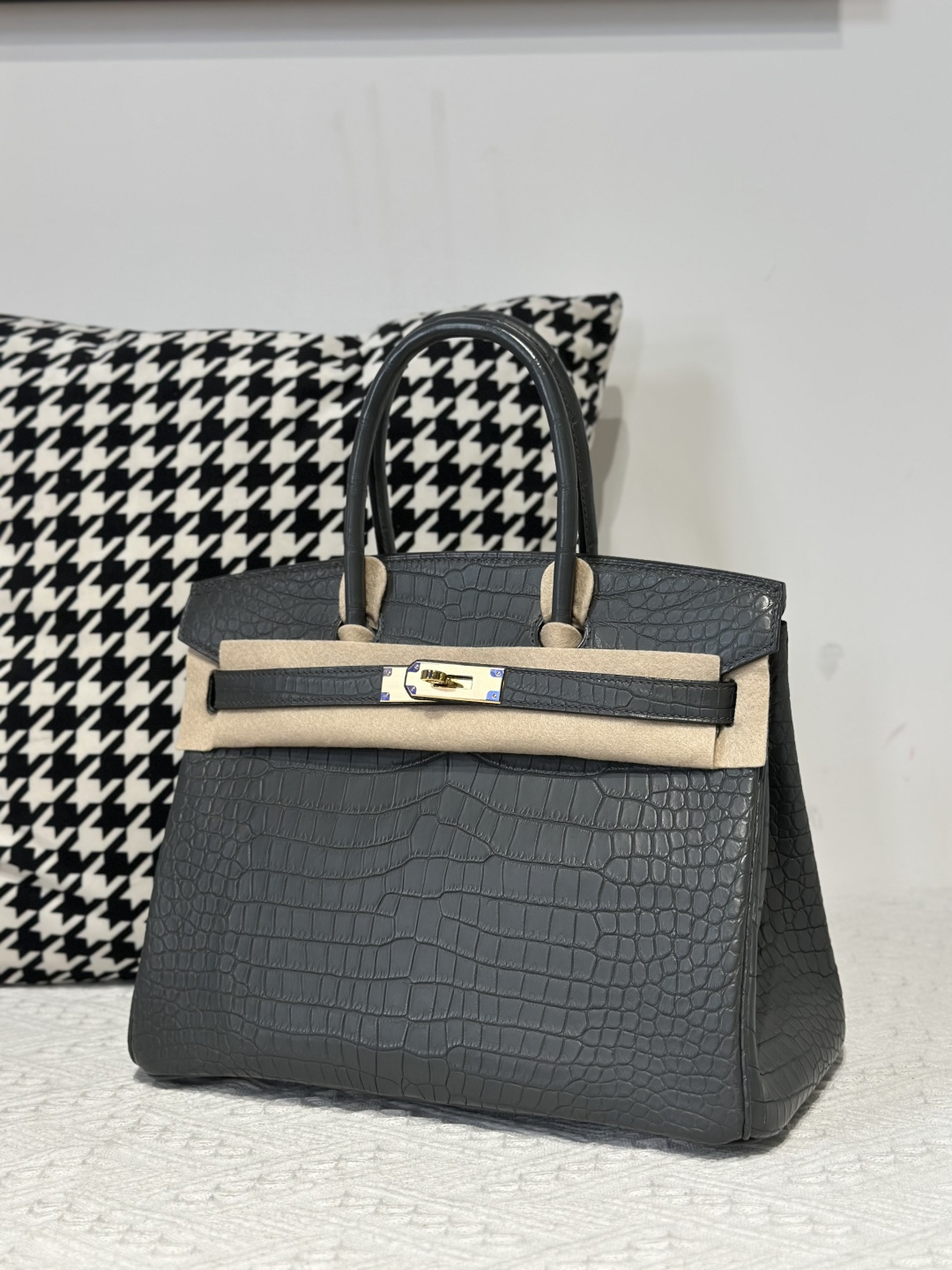 Crocodile Leather Graphite Gray 30cm Matte Gold Hardware Top Handle Tote Bag WCB211 image 2
