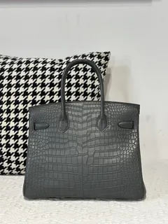 Crocodile Leather Graphite Gray 30cm Matte Gold Hardware Top Handle Tote Bag WCB211 image 3