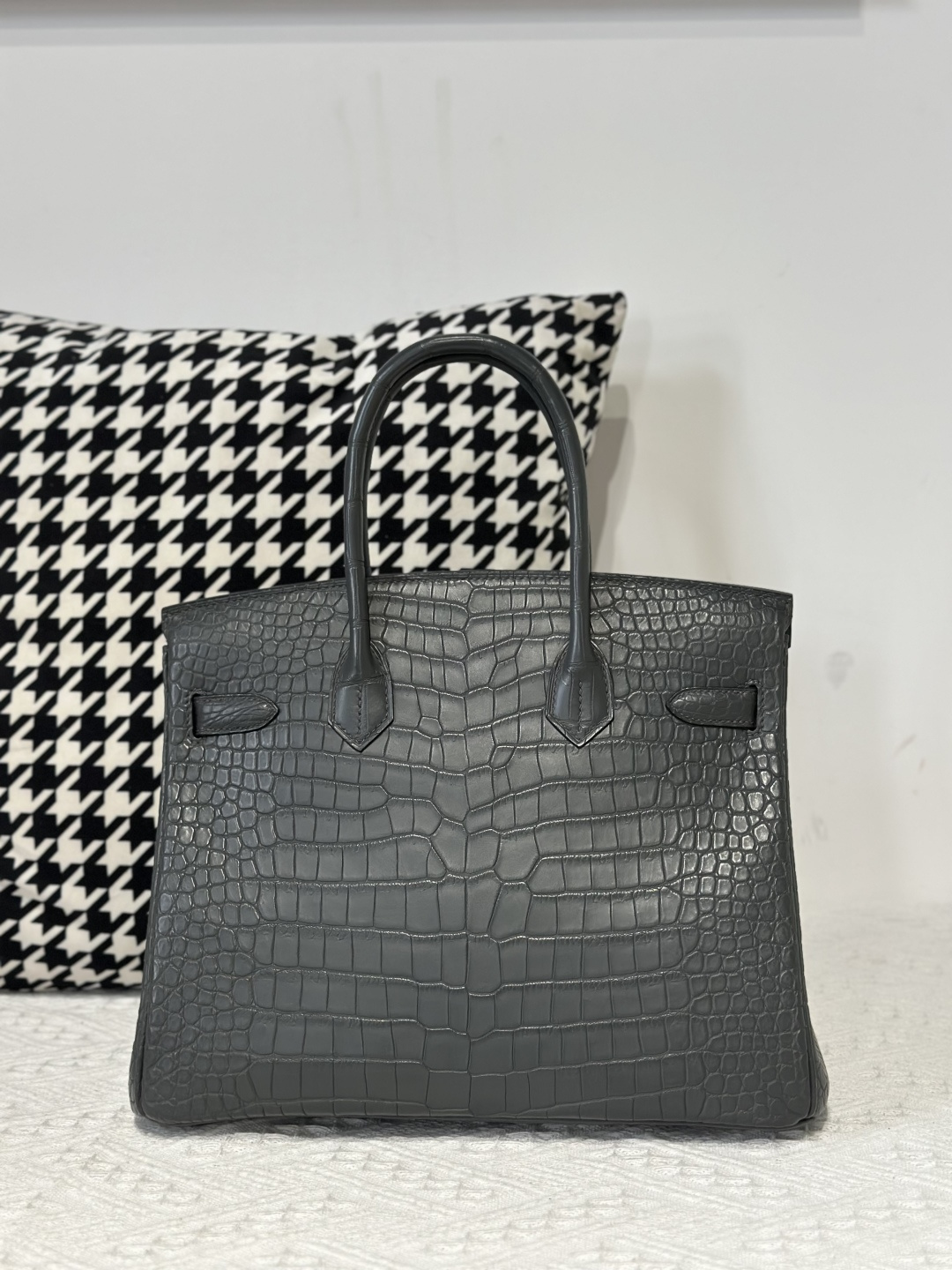 Crocodile Leather Graphite Gray 30cm Matte Gold Hardware Top Handle Tote Bag WCB211 image 3