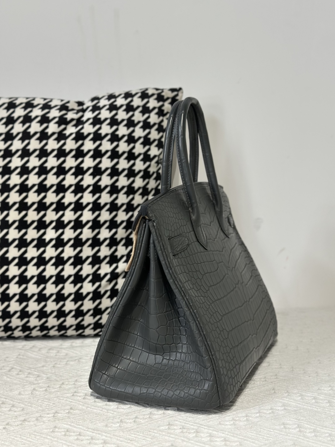 Crocodile Leather Graphite Gray 30cm Matte Gold Hardware Top Handle Tote Bag WCB211 image 4