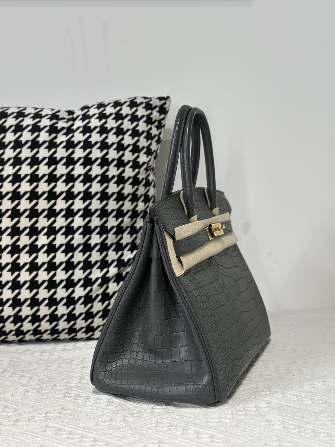 Crocodile Leather Graphite Gray 30cm Matte Gold Hardware Top Handle Tote Bag WCB211 image 5