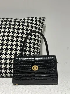 Crocodile Leather Black Glossy Gold Hardware Top Handle Bag WCB212 image 1