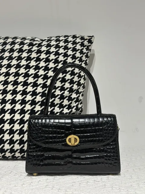 Crocodile Leather Black Glossy Gold Hardware Top Handle Bag WCB212