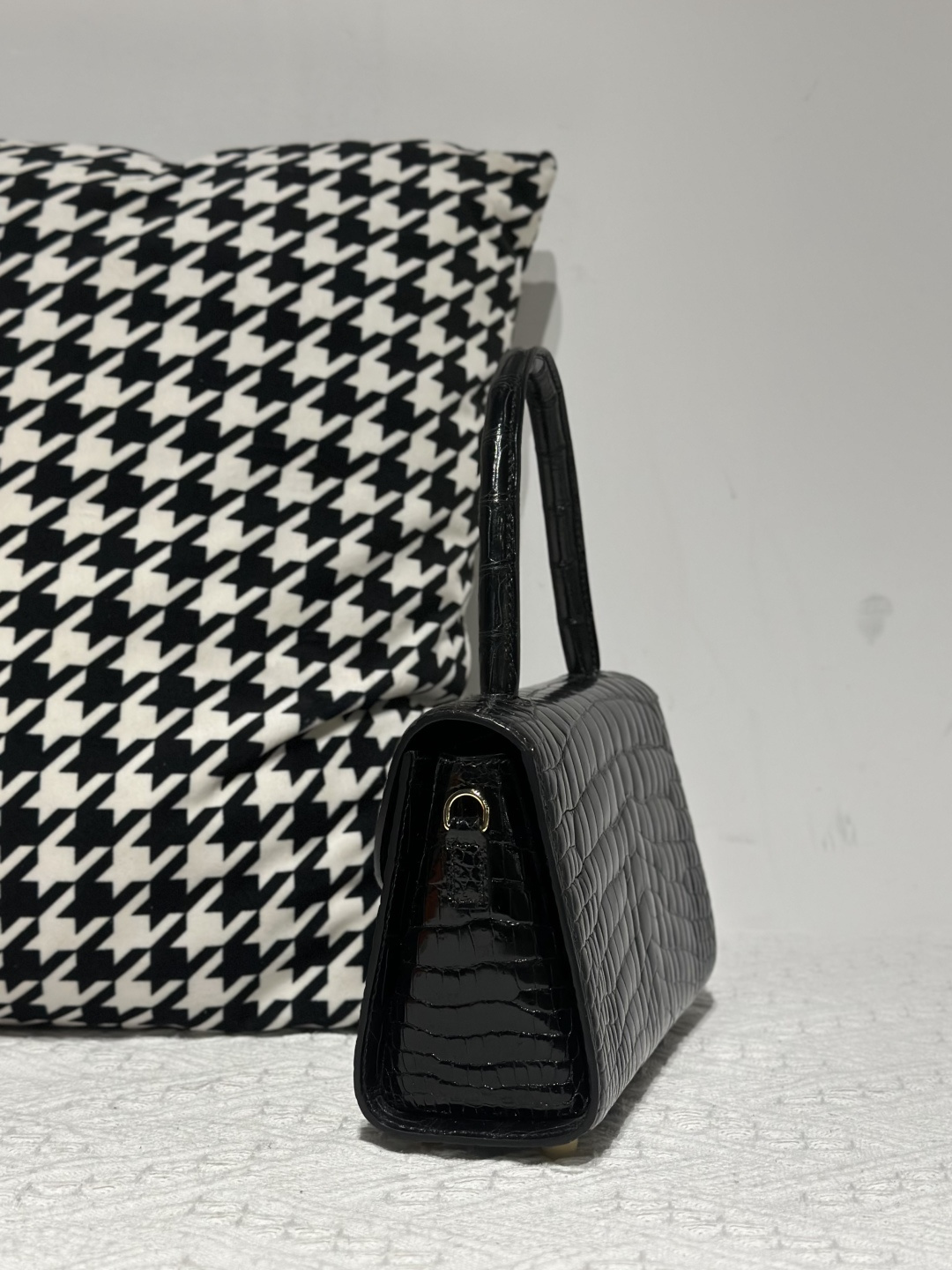 Crocodile Leather Black Glossy Gold Hardware Top Handle Bag WCB212 photo 4