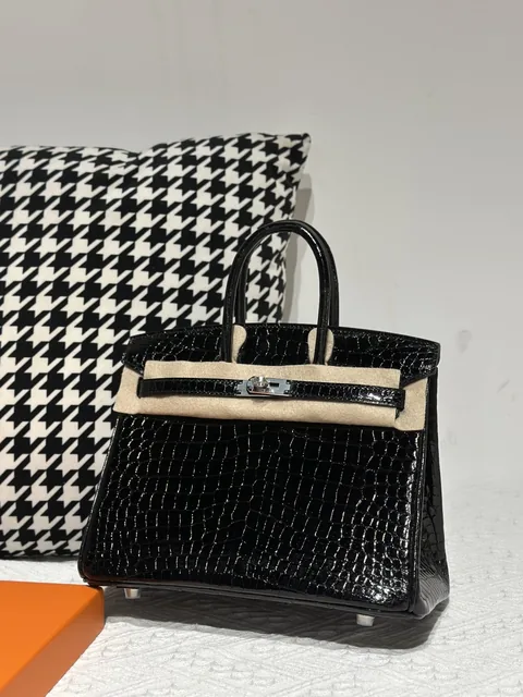 Crocodile Leather Black 25cm Glossy Silver Hardware Top Handle Tote Bag WCB214