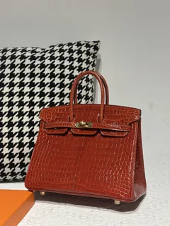 Crocodile Leather Orange 25cm Glossy Gold Hardware Top Handle Tote Bag WCB215 image 1