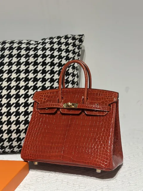 Crocodile Leather Orange 25cm Glossy Gold Hardware Top Handle Tote Bag WCB215