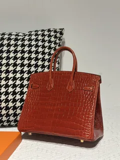 Crocodile Leather Orange 25cm Glossy Gold Hardware Top Handle Tote Bag WCB215 image 3