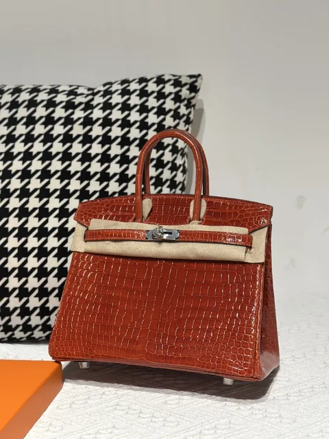 Crocodile Leather Orange 25cm Glossy Silver Hardware Top Handle Tote Bag WCB216