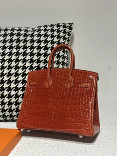 Crocodile Leather Orange 25cm Glossy Silver Hardware Top Handle Tote Bag WCB216 image 3