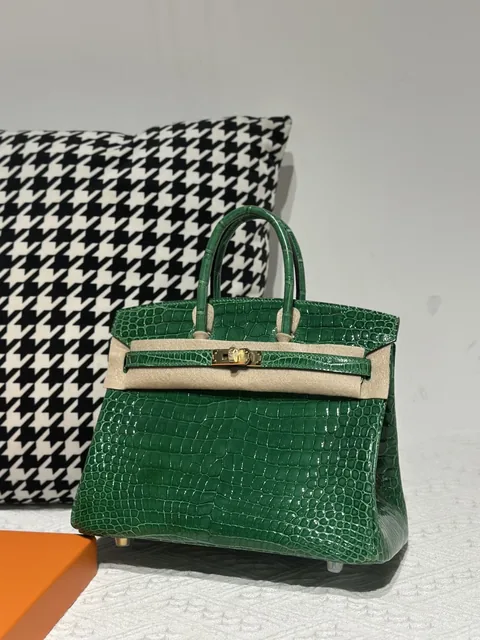 Crocodile Leather Bamboo Green 25cm Glossy Gold Hardware Top Handle Tote Bag WCB217