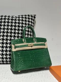 Crocodile Leather Bamboo Green 25cm Glossy Gold Hardware Top Handle Tote Bag WCB217 image 2
