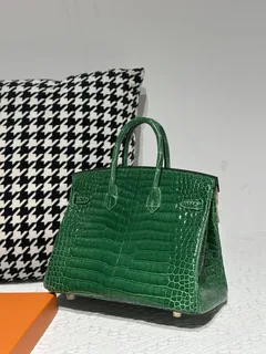 Crocodile Leather Bamboo Green 25cm Glossy Gold Hardware Top Handle Tote Bag WCB217 image 3