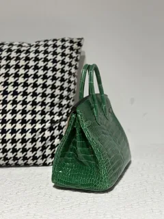 Crocodile Leather Bamboo Green 25cm Glossy Gold Hardware Top Handle Tote Bag WCB217 image 4