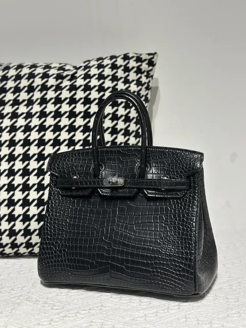 Crocodile Leather Black 25cm Matte Silver Hardware Top Handle Tote Bag WCB219