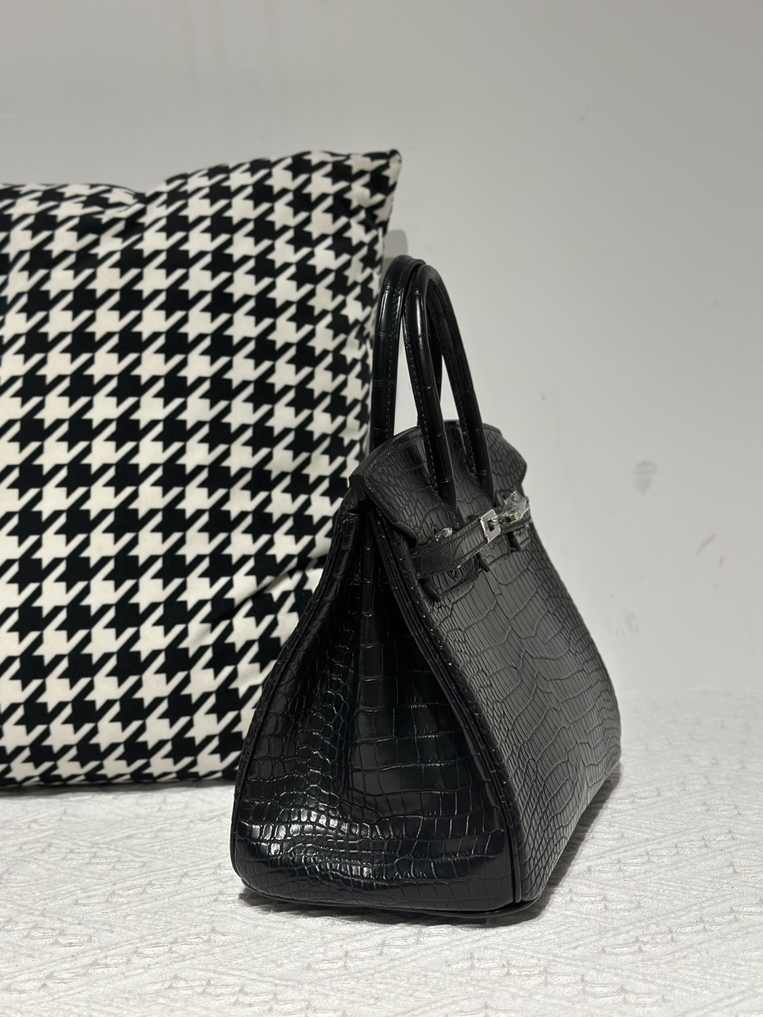 Crocodile Leather Black 25cm Matte Silver Hardware Top Handle Tote Bag WCB219 photo 5