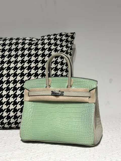 Crocodile Leather Pearl Gray Mint Green 25cm Matte Silver Hardware Top Handle Tote Bag WCB221